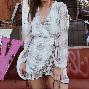 Elegant Plaid Wrap Dress in Cream and Black